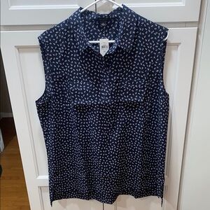 Ann Taylor Blue Buttoned Mandarin Collar Blouse with NAUTICAL ANCHOR